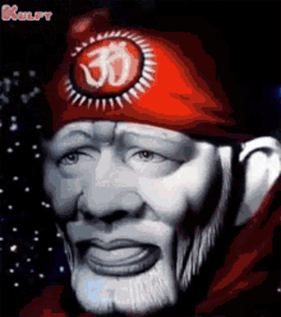 a close up of a man 's face wearing a red headband with an om on it
