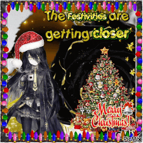 a picture of a girl wearing a santa hat and a christmas tree with the words " the festivities are getting closer "