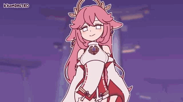 a cartoon of a girl with long pink hair and horns standing in front of a building .