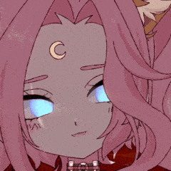 a drawing of a girl with pink hair and a crescent moon on her forehead