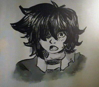 a black and white drawing of a person with a surprised look on their face