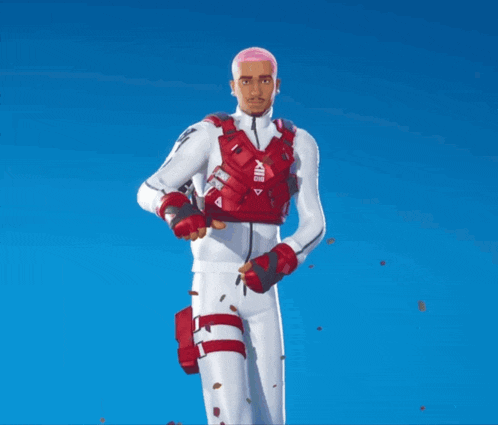 a man with pink hair is wearing a red vest with a x on it
