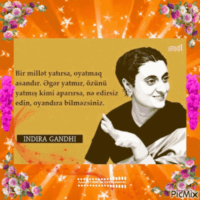 a picture of indira gandhi with flowers around her