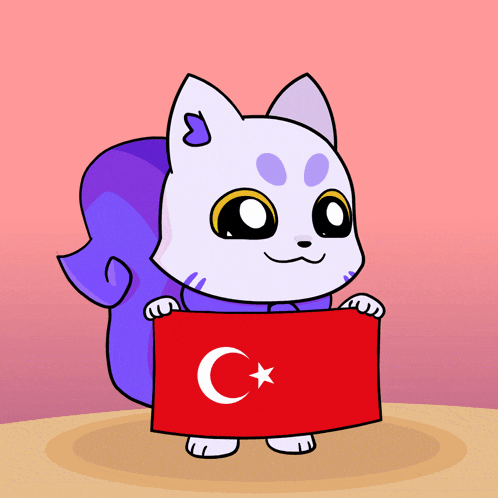 a cartoon drawing of a cat holding a red flag with a c on it