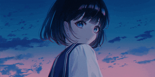 a girl with short black hair and blue eyes is looking over her shoulder