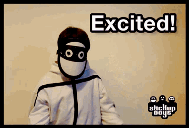 a man in a mask is excited with stickup boys in the background