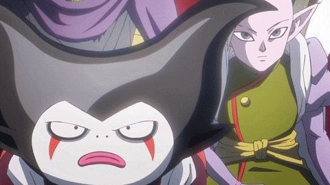 a cartoon character with an angry face is standing next to a woman