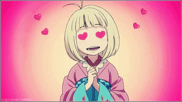 a girl with hearts in her eyes is surrounded by pink hearts on a pink background