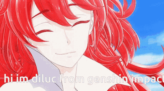 a close up of a red haired anime character with the words hi im dilluc from genshin impact below her