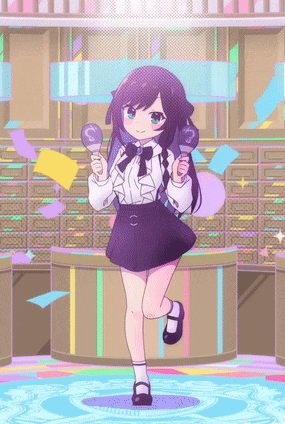 a girl in a purple skirt is holding two lollipops