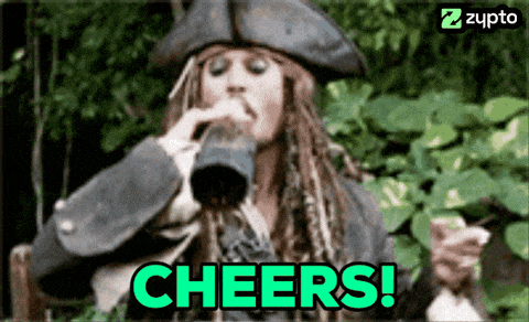 a man in a pirate costume drinking from a bottle with the words cheers in green letters