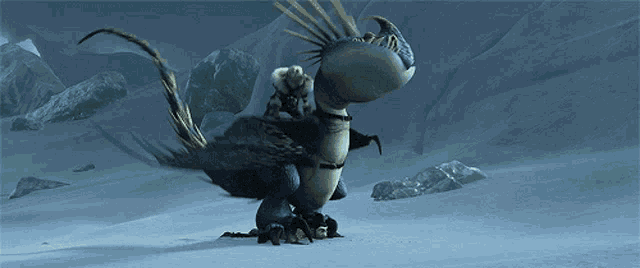 a cartoon character is riding on the back of a dragon in the snow