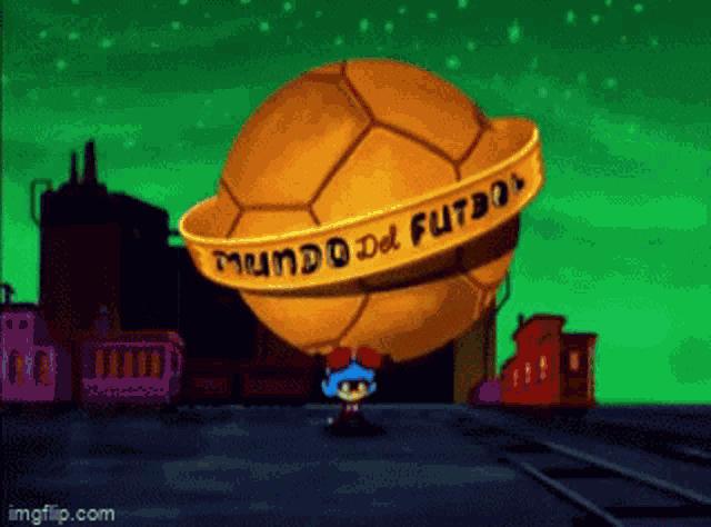 a cartoon character stands in front of a sign that says mundo del futbol