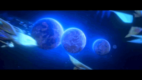 a group of planets are floating in a dark blue space