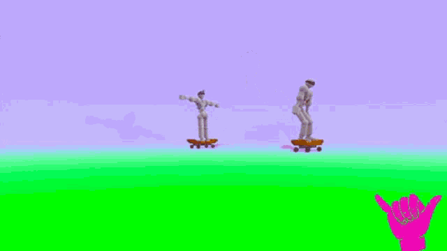 a robot is riding a skateboard on a green screen