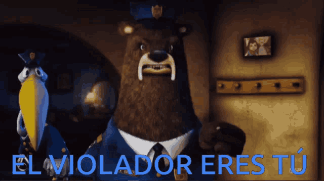 a cartoon bear in a police uniform with the words el violador eres tu above him