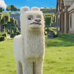 a white llama is standing in a field with a building in the background