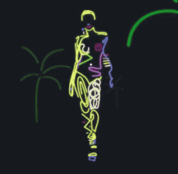 a neon drawing of a woman in a bikini walking in front of a palm tree