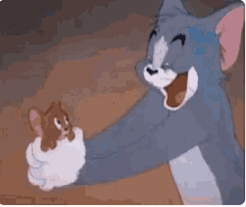 a cartoon cat is holding a mouse in its mouth and eating it .