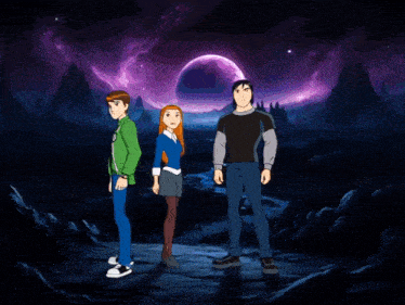 three cartoon characters standing next to each other with a purple planet in the background