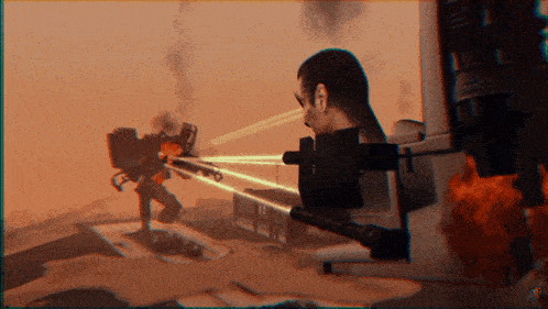 a man is looking through a telescope at a robot