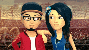 a man and a woman are standing next to each other in front of a crowd in a stadium