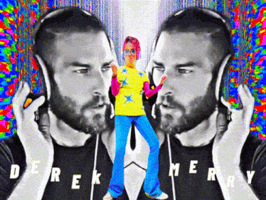a man wearing headphones and a woman wearing a yellow shirt that says derek merry