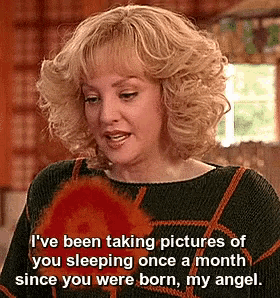 a woman is talking about taking pictures of you sleeping once a month since you were born , my angel .