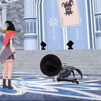 a girl in a witch costume is kneeling down in front of a sign that says " joker "