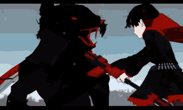 a girl is holding a sword in front of a black wolf
