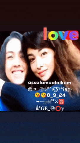 a picture of two women with the word love in the upper right corner