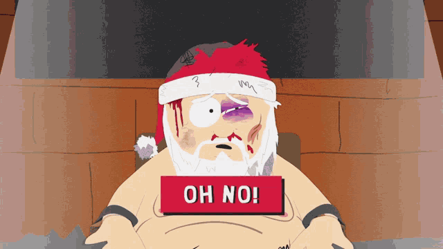 a cartoon character is wearing a santa hat and holding a sign that says " oh no "