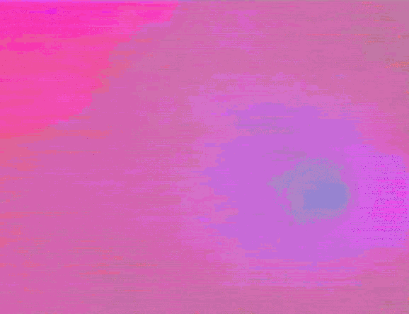 a pink and purple image of a statue with a purple background