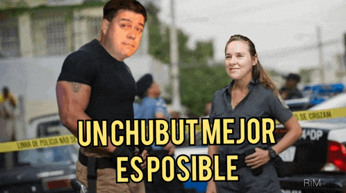 a man and a woman standing next to each other with the words " un chubut mejor esposible " written on the bottom
