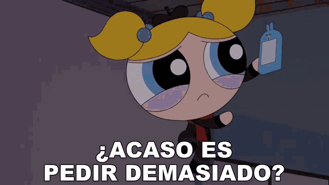 bubbles from the powerpuff girls is holding a cell phone in her hand