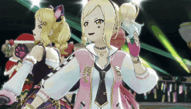 a girl with a cat ear on her head is wearing a pink and white jacket