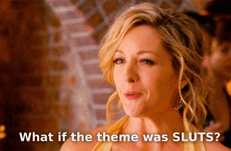 a woman says what if the theme was sluts in front of a brick wall