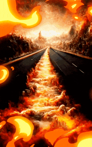 a painting of a road going through a burning area