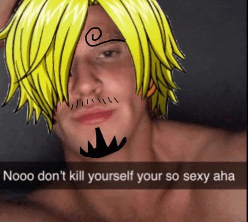 a picture of a man with yellow hair and a mustache with the words " do n't kill yourself your so sexy aha " written below