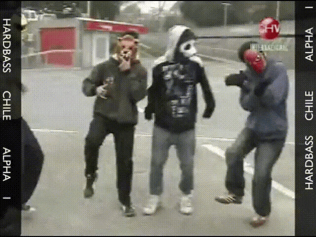 three men wearing masks are walking down a street in front of a sign that says " hardbass chile "