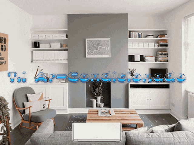 a living room with a fireplace and a sign that says " air conditioning " on it