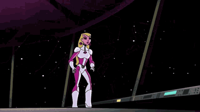 a cartoon character is wearing a pink and white suit