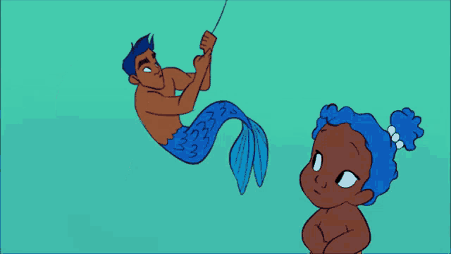a cartoon of a man and a little girl with blue hair