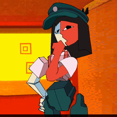 a cartoon drawing of a woman with a green hat on