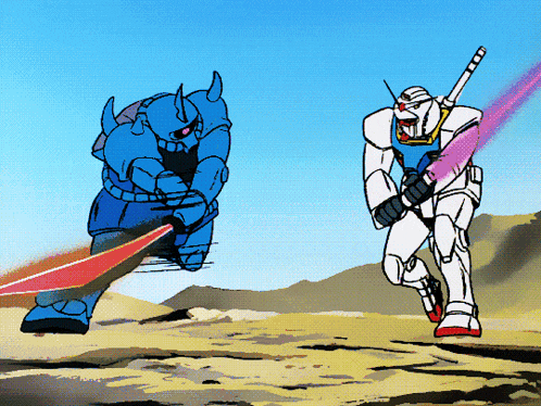 a cartoon drawing of a blue robot and a white robot fighting each other