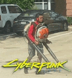 a man is carrying a lawn mower in a parking lot with a cyberpunk logo in the background