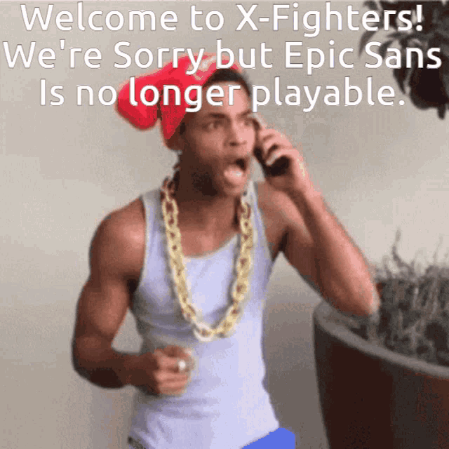 a man talking on a cell phone with the words welcome to x-fighters on the bottom