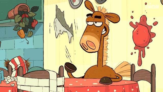 a cartoon of a horse sitting at a table with a red table cloth