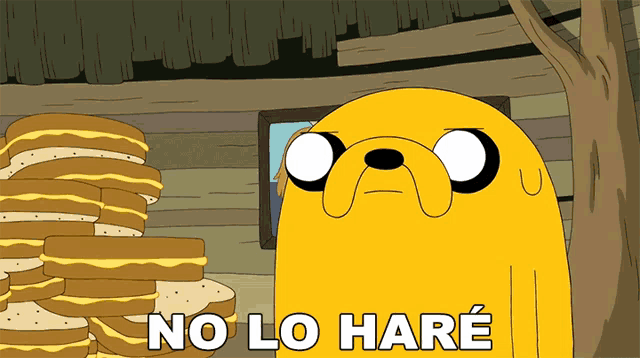 a cartoon character says no lo hare in front of a stack of sandwiches