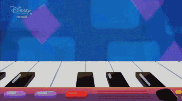 a cartoon of a person playing a piano with a disney premiere advertisement in the background